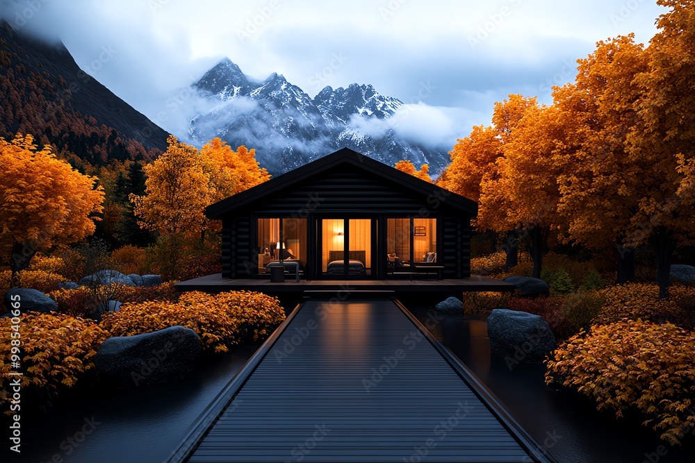 Poster 3d digital autumn cabin, where users can walk through the virtual space, surrounded by autumn trees 