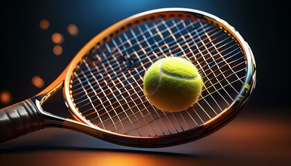 A tennis racket with a yellow ball in focus, set against a dramatic background with lighting effects highlighting the action.