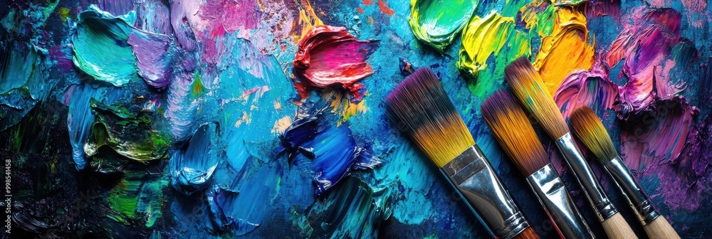 Aufkleber brightly colored paints and brushes lie ready on a canvas, inviting creativity and artistic expressi