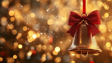 Christmas Bell Hanging on Red Ribbon with Bokeh Background