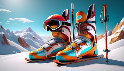 Vibrant ski boots and poles on a snowy mountain landscape, showcasing winter sports equipment against a stunning alpine backdrop.
