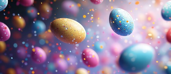 Colorful Easter eggs with confetti falling from the sky.