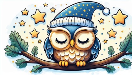A cute, whimsical owl wearing a festive blue hat sits peacefully on a branch, surrounded by stars and a dreamy night sky.
