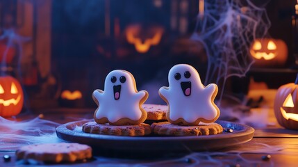 Delightful ghost-shaped cookies perfect for Halloween parties, surrounded by festive decorations and glowing pumpkins.
