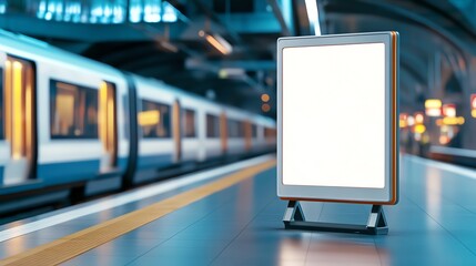 A blank advertising display at a modern subway station, showcasing a sleek design and vibrant ambiance, awaiting creative content.