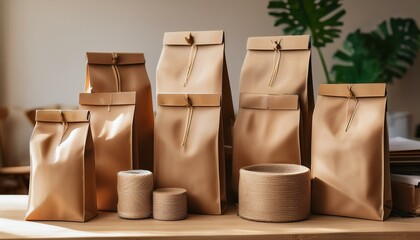 A collection of eco-friendly, kraft paper bags and a woven basket arranged on a wooden surface, highlighting sustainable packaging aesthetics.