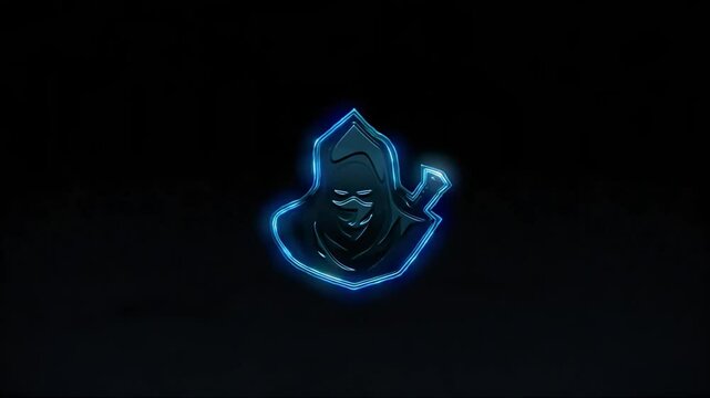 Cloud whirlpool and intense lightning in a storm concept Blue Hoodie Assassin Esporta Logo for Gaming Mascot Running at High Speed Super Slow Motion, 4k Video