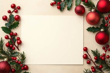 A blank card surrounded by festive decorations, perfect for holiday greetings and seasonal messages.