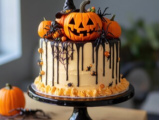 Halloween themed layer cake with pumpkin witch and spider decorations
