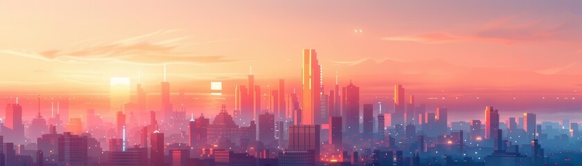 Fototapeta premium Sunrise over a modern cityscape with tall skyscrapers.