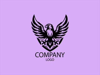 Eagle themed vector logo, badge, emblem. Flying bird, hunter, predator, dangerous animal, shield, lettering. Mascot black vector logo Pink background design
