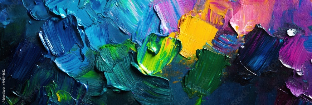 Aufkleber Brightly colored paints and brushes lie next to a canvas covered in dynamic abstract strokes, capturing the essence of creativity. Generative AI