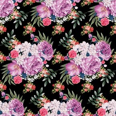 Seamless pattern of purple, pink, white roses and decorative leaves around. on a black background