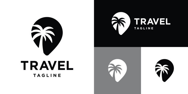 Vector design template of map pin logo combination with palm tree. Location, travel, journey. Icon symbol EPS 10.
