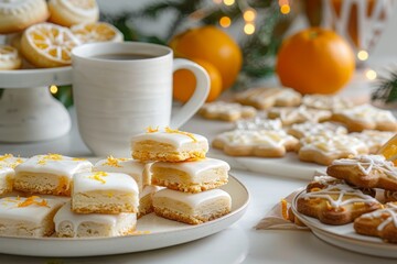 A plate of frosted shortbread cookies with orange zest on top, next to an upright white mug filled halfway with coffee and some oranges in the background. MZ