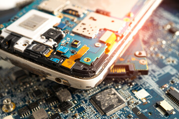 Obraz premium Repairing and upgrade circuit mainboard of notebook, electronic, computer hardware and technology.