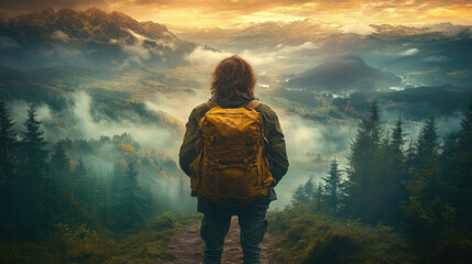 Obraz premium Standing on a hillside, a traveler gazes at a breathtaking sunset over a mist-filled valley and towering mountains, enveloped by dense trees
