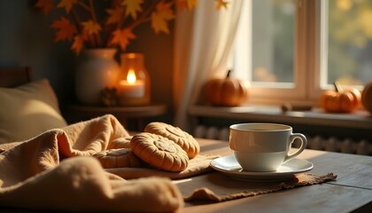 cozy autumn room with table a lot light around the wall some cookies and coffee on the table
