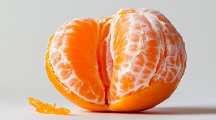 Half an orange sits on a white table beside a bloom shaped like a fruit