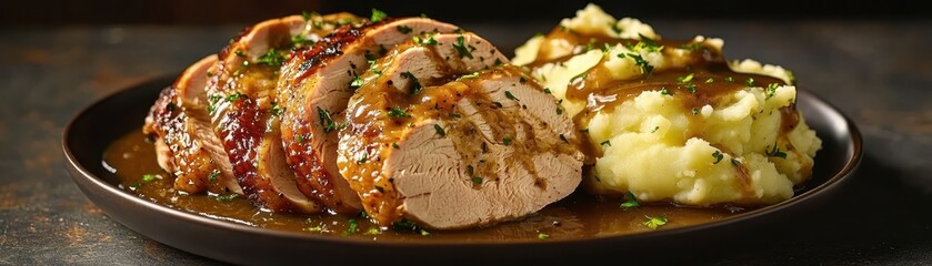 Fototapeta premium Savory roasted meat served on a plate with creamy mashed potato and rich gravy, perfect for a hearty meal.