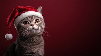 Portrait of a stately Scottish Fold Cat in a classic red Christmas hat, placed against a deep burgundy studio backdrop with elegant lighting, copy space, Scottish Fold Christmas hat, holiday cat 