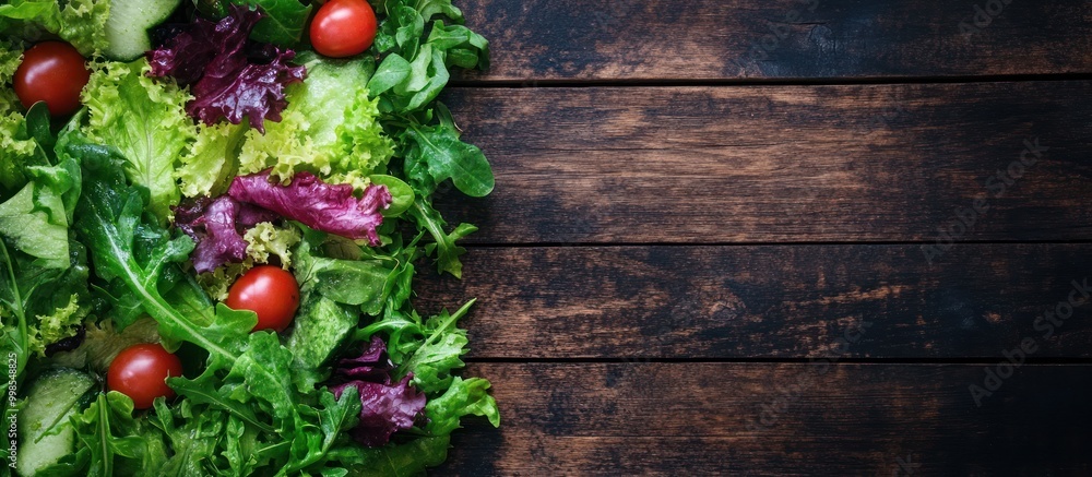 Sticker Green salad with cherry tomatoes and cucumber on rustic wooden background with copy space.