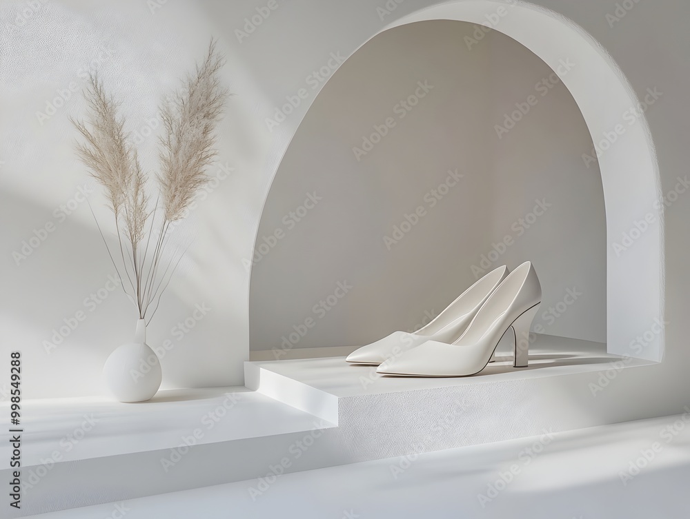 Poster elegant modernist ballet flats on clean white background with geometric patterns