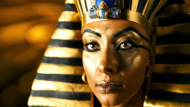 Female pharaoh from ancient Egypt with golden facial paint and traditional Egyptian eye makeup.