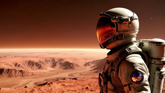 Futuristic astronaut on Mars, red landscape with mountains. Spacesuit with reflective helmet visor. Dramatic lighting, starry sky. Exploration, adventure, space travel concept.