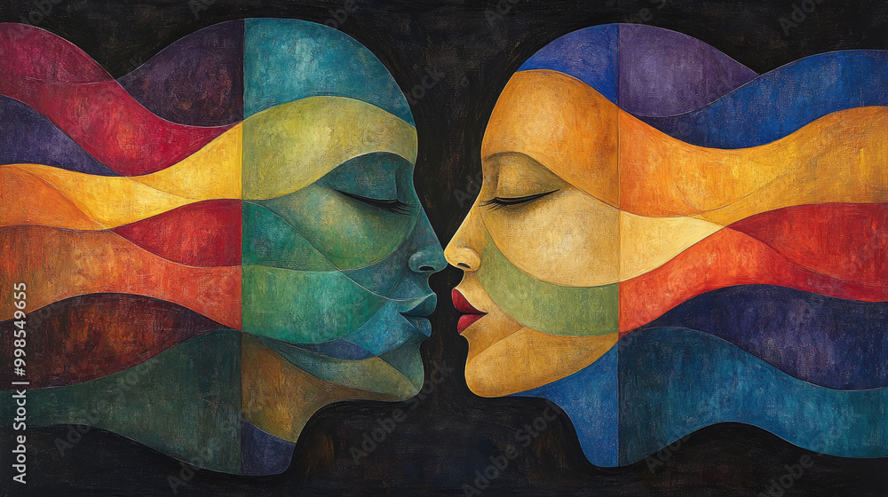Poster two abstract faces in vibrant colors blend into one another, showcasing flowing waves that represent