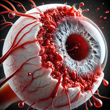 3D burst capillary in the eye, resulting in a subconjunctival hemorrhage. bright red area under conjunctiva, contrasting with white sclera. small, broken capillaries causing the blood to accumulate.