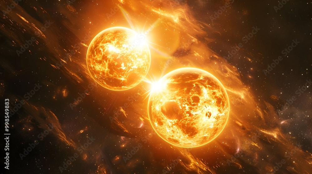 Aufkleber fiery binary sun system orbited by dramatic planet with unique celestial cycles and weather patterns