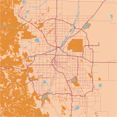 Map of Denver in Colorado in a sandy theme. Contains layered vector with roads water, parks, etc.