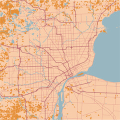 Map of Detroit in Michigan in a sandy theme. Contains layered vector with roads water, parks, etc.