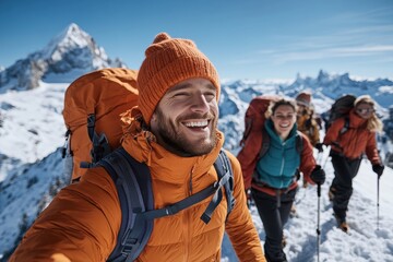 A group of friends climb a snow-covered mountain, wearing vibrant winter gear, under a clear blue sky with majestic peaks in the background, invoking adventure and joy.