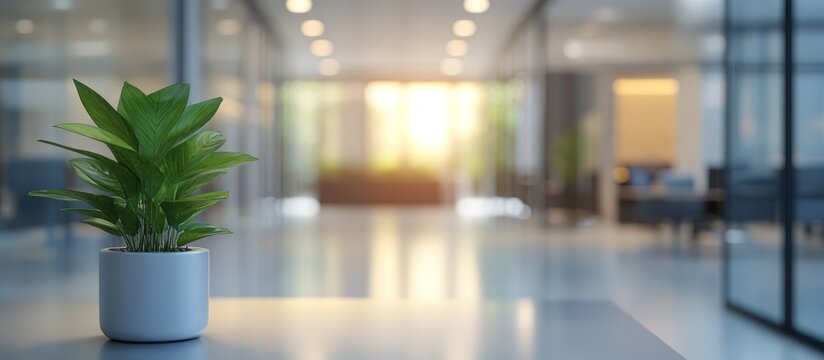 A small potted plant on a table in the foreground, a blurred modern office hallway with glass walls in the background.