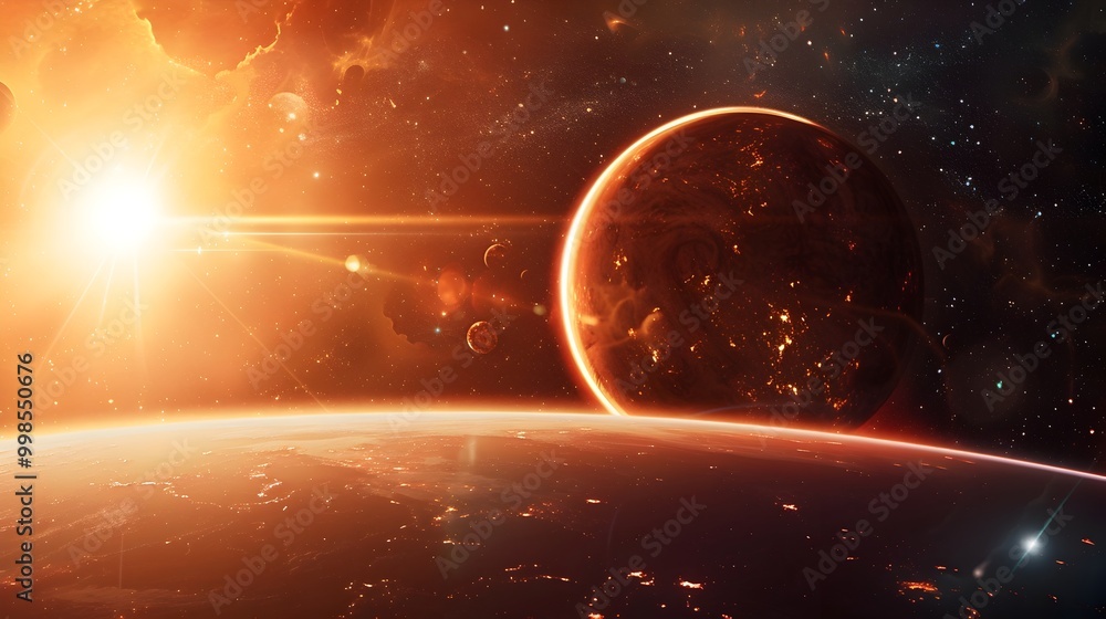 Aufkleber dynamic trinary star system with a fiery planetary sphere in cosmic interaction