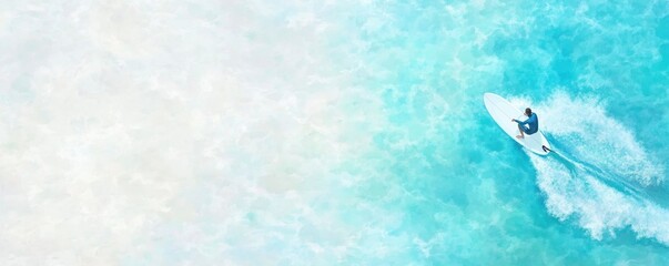 top view of a surfer riding on blue ocean with white wave