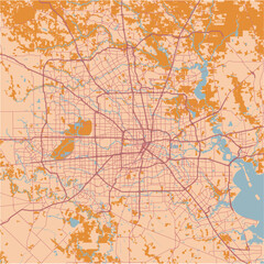 Map of Houston in Texas in a sandy theme. Contains layered vector with roads water, parks, etc.