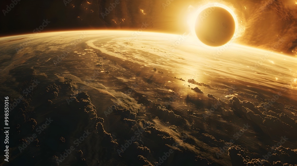 Poster planet experiencing permanent solar eclipse with giant object blocking sun