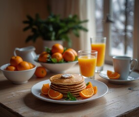 winter breakfast with pancakes and orange