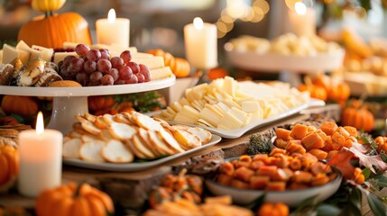 Thanksgiving Appetizer Table with Bite Sized Snacks, Cheeses, and Fall Themed Treats