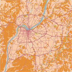 Map of Louisville in Kentucky in a sandy theme. Contains layered vector with roads water, parks, etc.