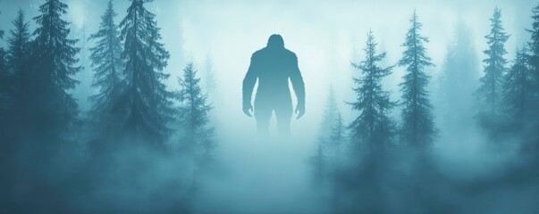 mysterious giant shadowy figure standing in misty forest