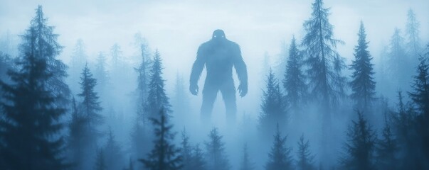 mysterious giant shadowy figure standing in misty forest
