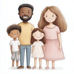 A joyful family portrait featuring four diverse members in a cheerful outdoor setting