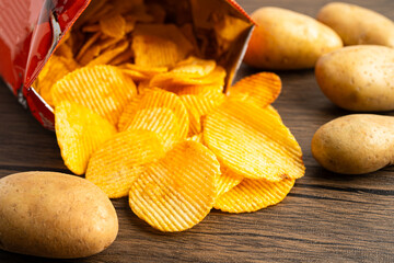 Potato chips fried snack fast food in open bag.