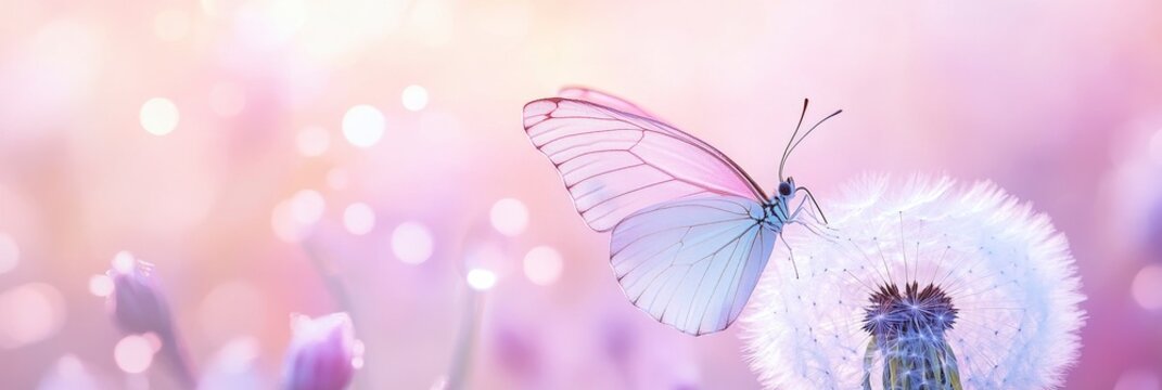 Fototapeta butterfly on wet dandelion with bright blur bokeh background