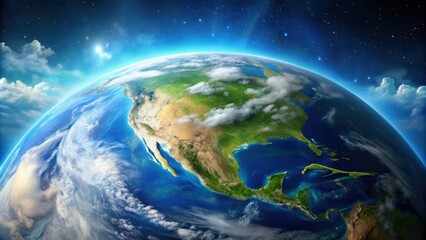 Fototapeta premium Planet Earth with blue oceans, white clouds, and green landmasses , planet, globe, world, nature, environment