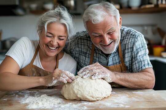 Elderly couple wearing aprons and kneading dough on a wooden table, showcasing a cooperative effort and a cozy home environment, ideal for depicting baking or family time.